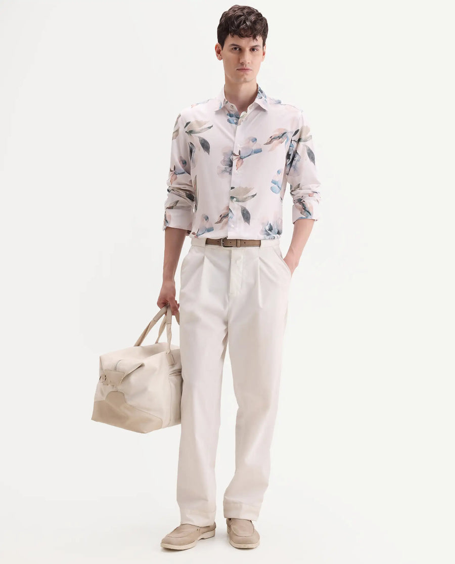 Rare Rabbit Men's Dali Off White Viscose Fabric Full Sleeve Regular Fit Floral Print Shirt