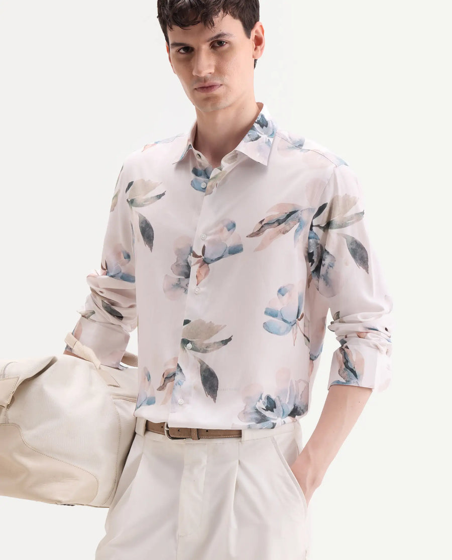 Rare Rabbit Men's Dali Off White Viscose Fabric Full Sleeve Regular Fit Floral Print Shirt