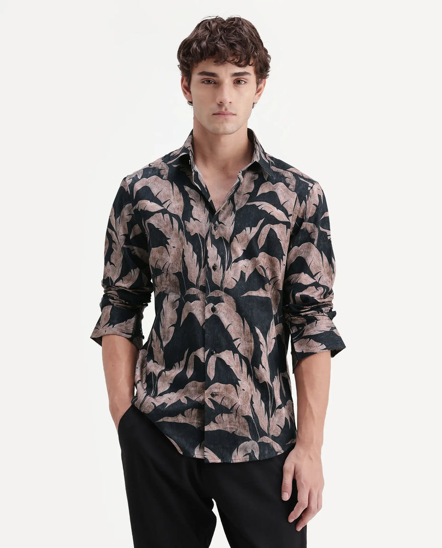 Rare Rabbit Men's Garoi Black Cotton Fabric Full Sleeve Regular Fit Shirt