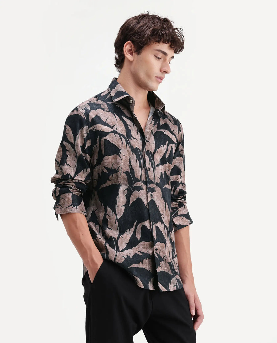 Rare Rabbit Men's Garoi Black Cotton Fabric Full Sleeve Regular Fit Shirt