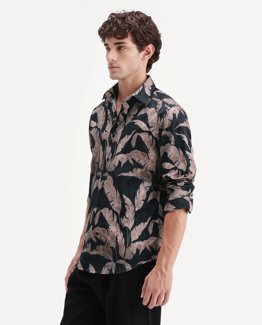 Rare Rabbit Men's Garoi Black Cotton Fabric Full Sleeve Regular Fit Shirt