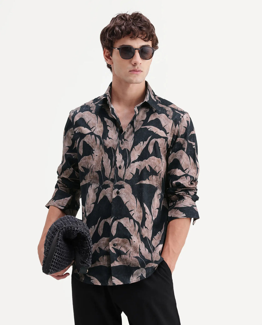 Rare Rabbit Men's Garoi Black Cotton Fabric Full Sleeve Regular Fit Shirt