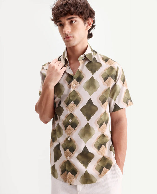 Rare Rabbit Men's Zeken Beige Cotton Blend Fabric Half Sleeve Regular Fit Geometric Print Shirt