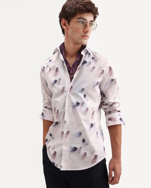 Rare Rabbit Men's Risal White Cotton Fabric Full Sleeve Regular Fit Abstract Print Shirt