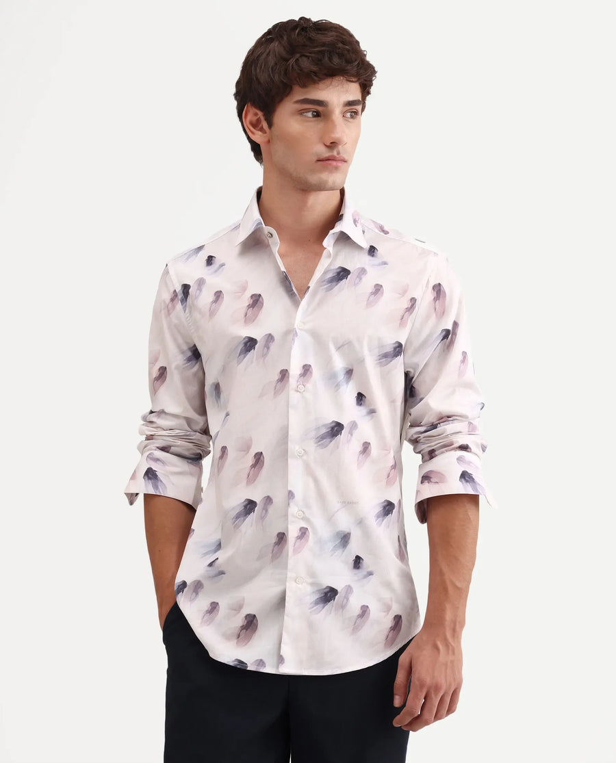 Rare Rabbit Men's Risal White Cotton Fabric Full Sleeve Regular Fit Abstract Print Shirt