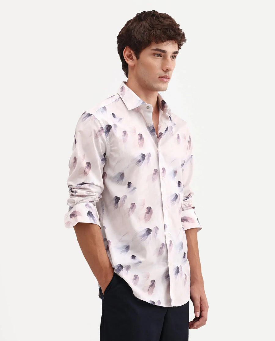 Rare Rabbit Men's Risal White Cotton Fabric Full Sleeve Regular Fit Abstract Print Shirt