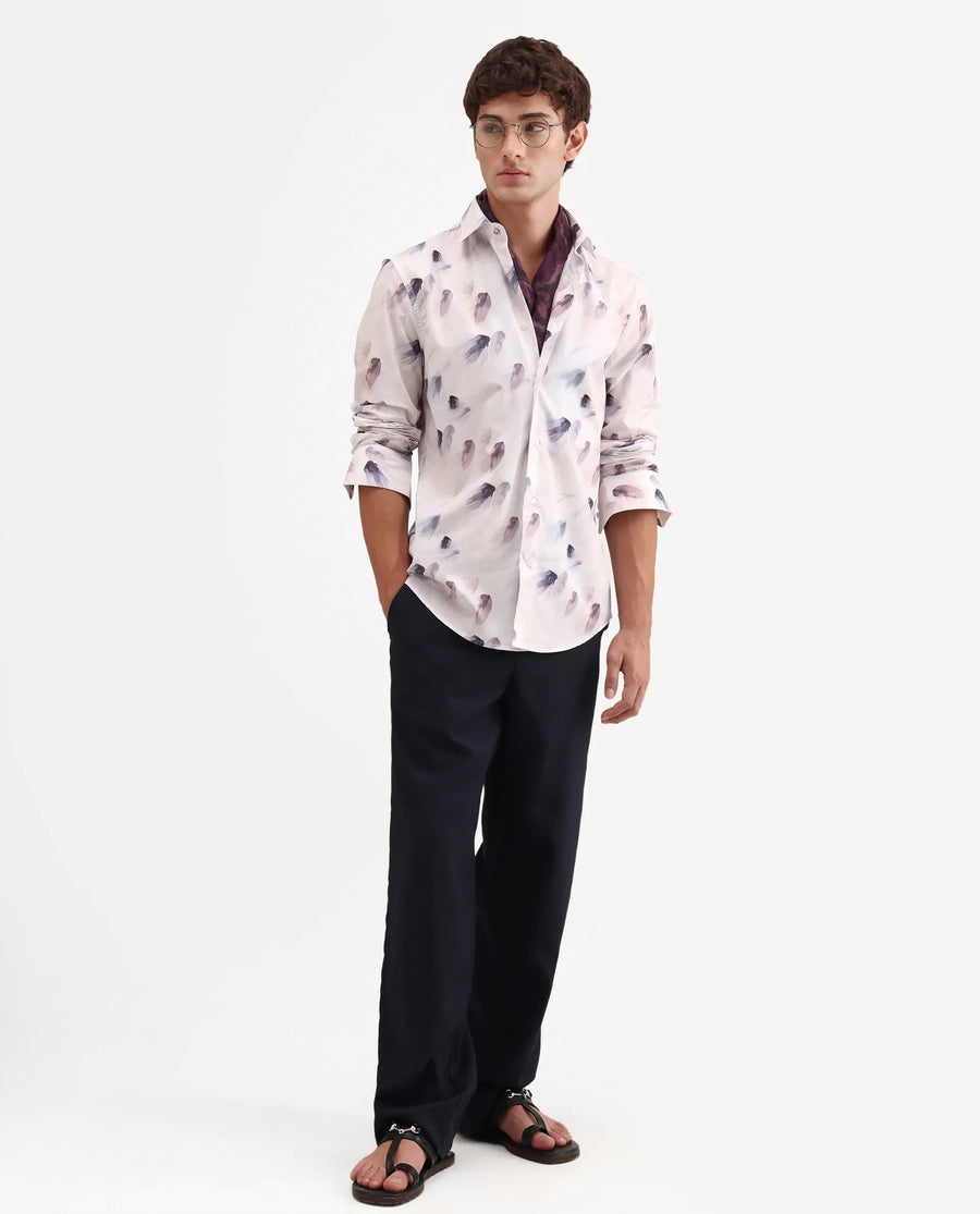 Rare Rabbit Men's Risal White Cotton Fabric Full Sleeve Regular Fit Abstract Print Shirt