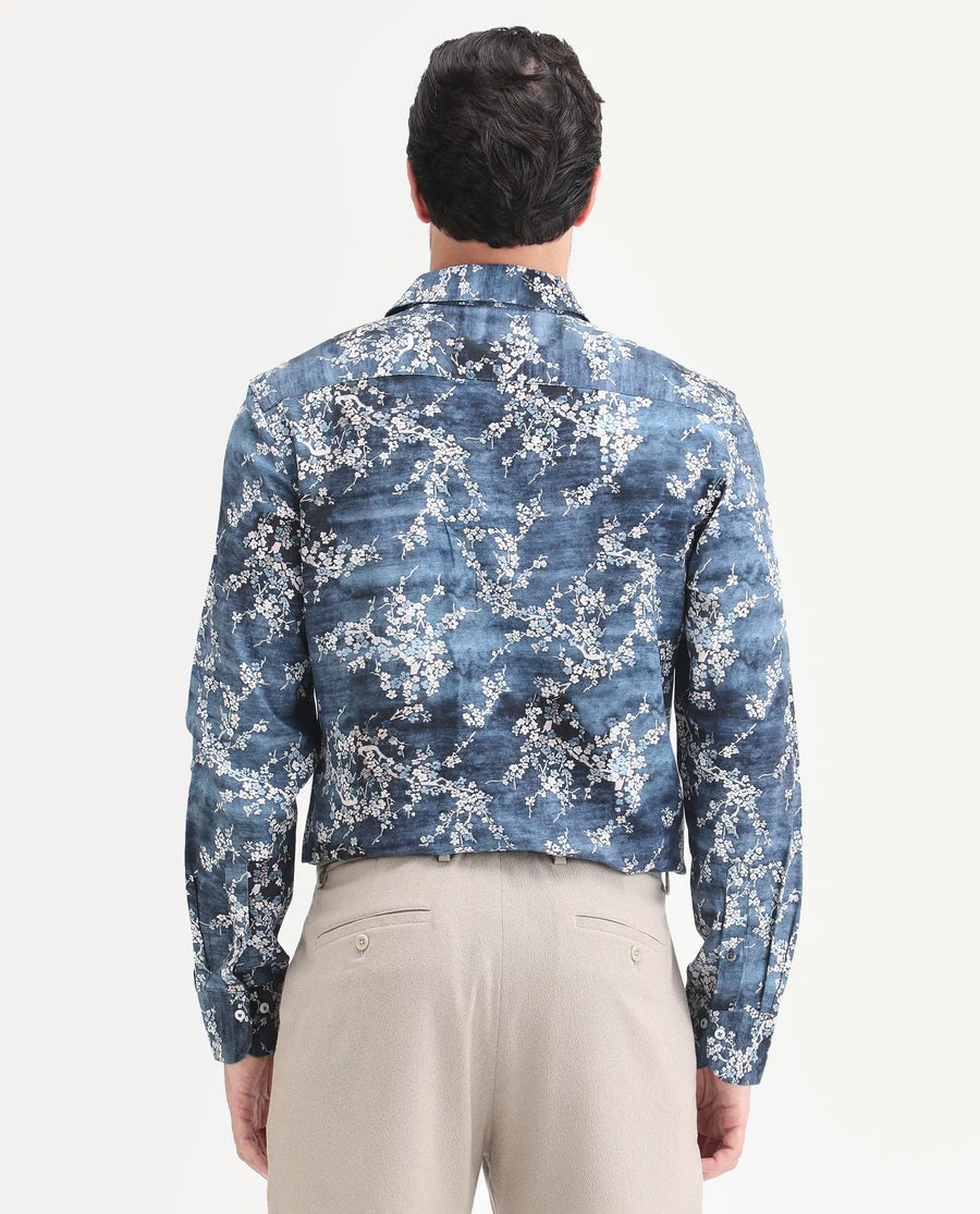 Rare Rabbit Men's Greyt Blue Viscose Fabric Full Sleeve Regular Fit Floral Print Shirt