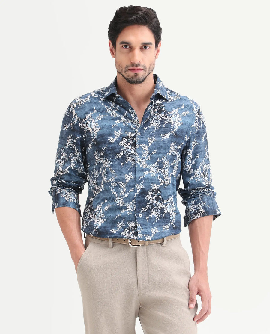 Rare Rabbit Men's Greyt Blue Viscose Fabric Full Sleeve Regular Fit Floral Print Shirt