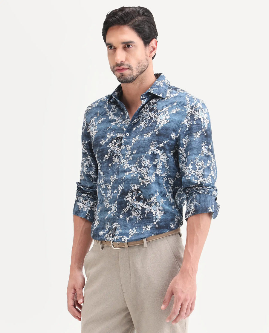 Rare Rabbit Men's Greyt Blue Viscose Fabric Full Sleeve Regular Fit Floral Print Shirt