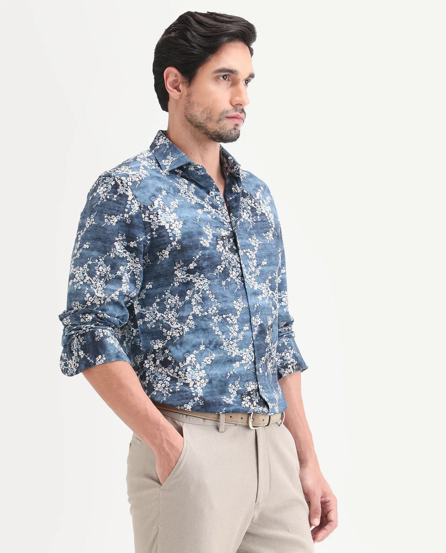 Rare Rabbit Men's Greyt Blue Viscose Fabric Full Sleeve Regular Fit Floral Print Shirt