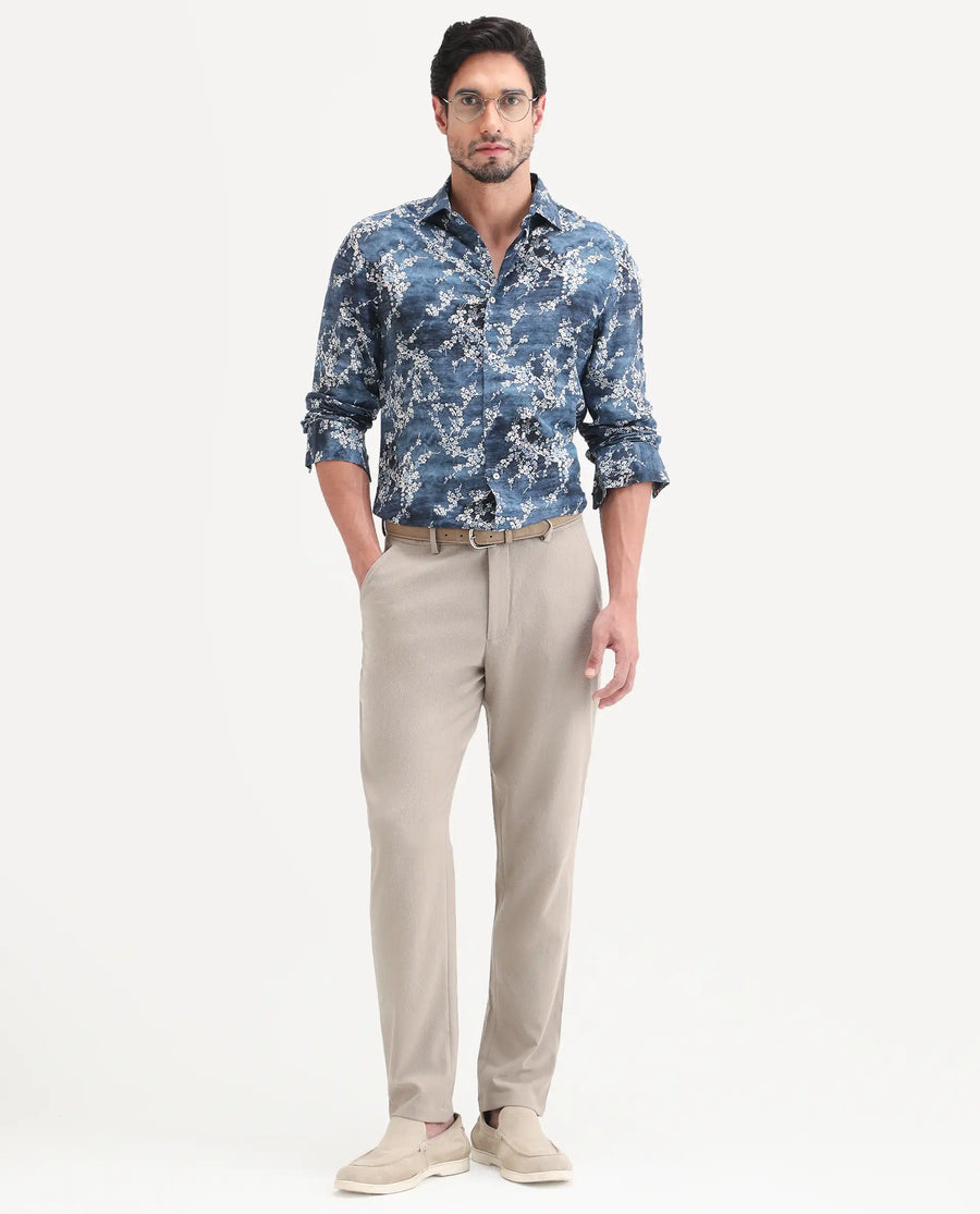 Rare Rabbit Men's Greyt Blue Viscose Fabric Full Sleeve Regular Fit Floral Print Shirt