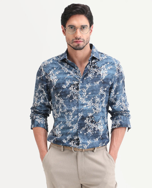 Rare Rabbit Men's Greyt Blue Viscose Fabric Full Sleeve Regular Fit Floral Print Shirt