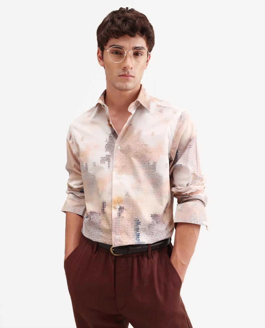 Rare Rabbit Men's Kesp Off White Cotton Fabric Full Sleeve Regular Fit Abstract Print Shirt