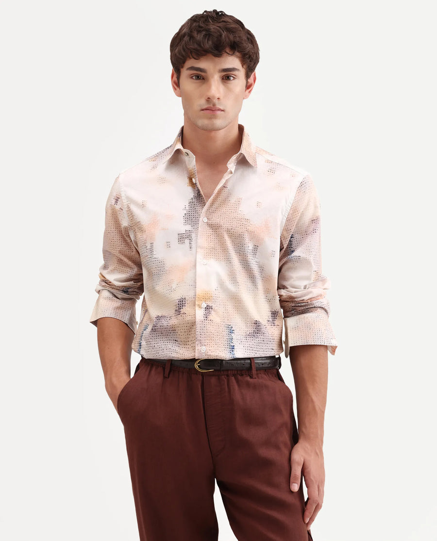 Rare Rabbit Men's Kesp Off White Cotton Fabric Full Sleeve Regular Fit Abstract Print Shirt