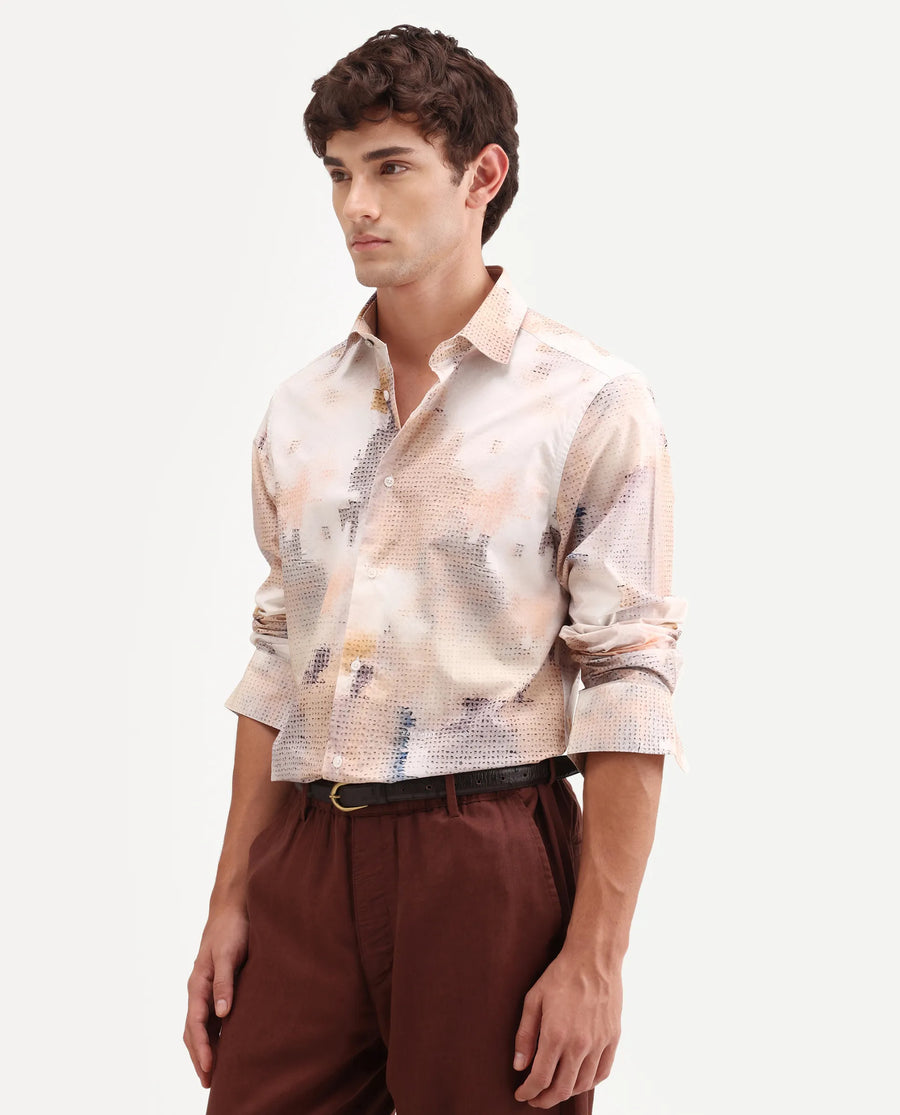 Rare Rabbit Men's Kesp Off White Cotton Fabric Full Sleeve Regular Fit Abstract Print Shirt