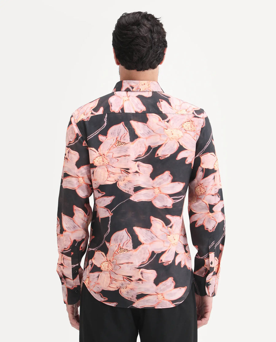 Rare Rabbit Men's Amra Black Viscose Fabric Full Sleeve Regular Fit Floral Print Shirt