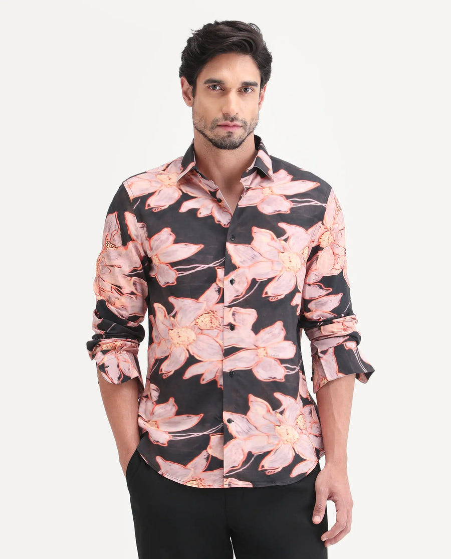 Rare Rabbit Men's Amra Black Viscose Fabric Full Sleeve Regular Fit Floral Print Shirt
