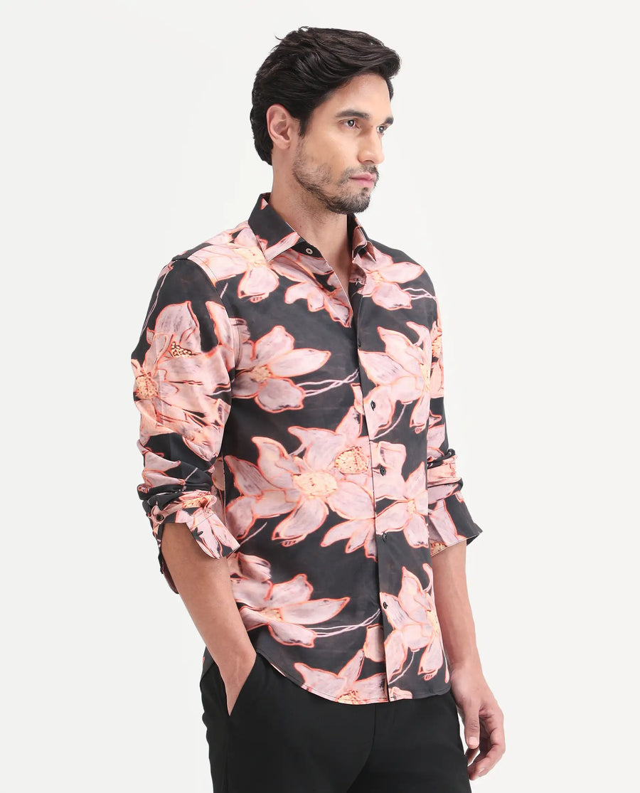 Rare Rabbit Men's Amra Black Viscose Fabric Full Sleeve Regular Fit Floral Print Shirt