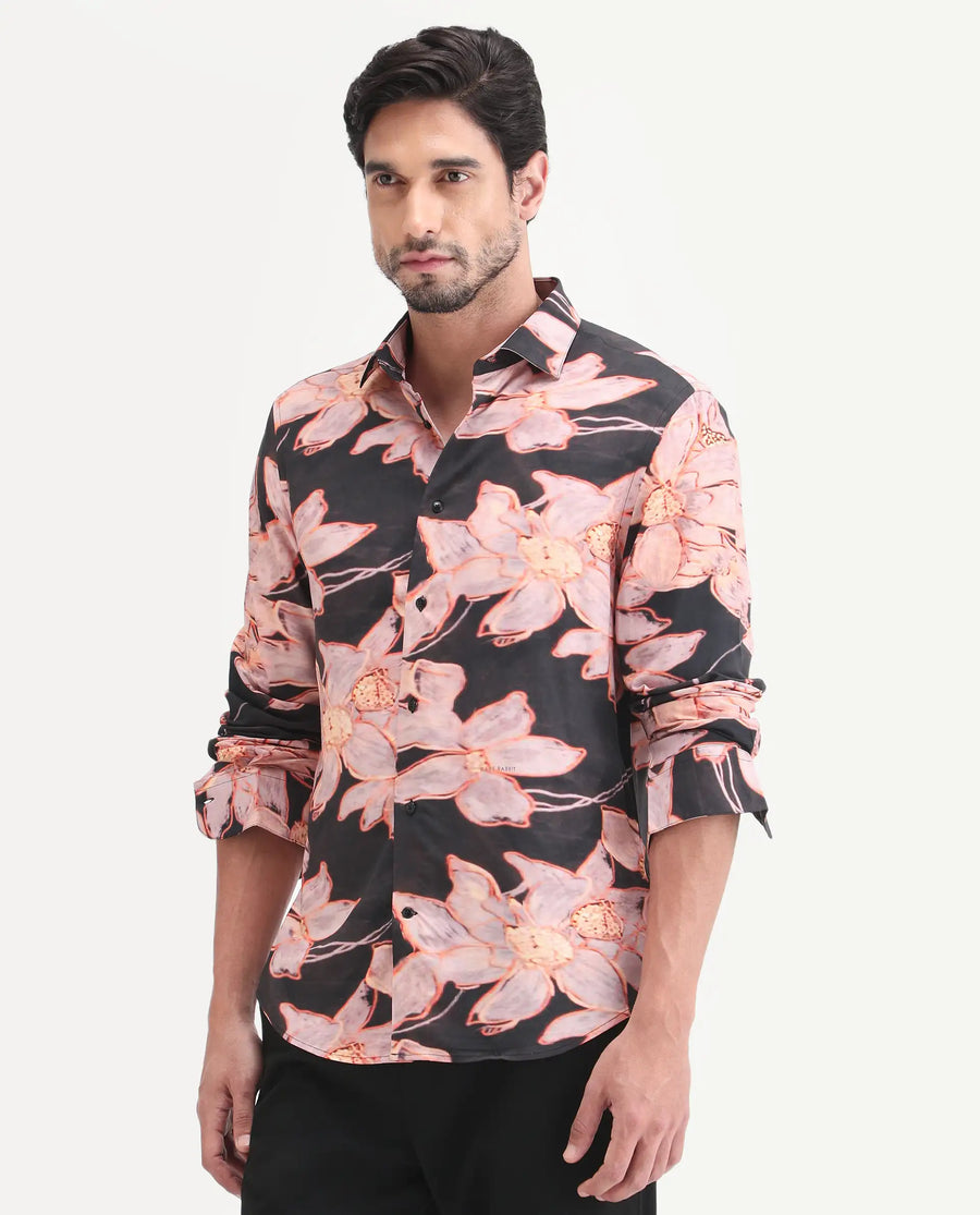 Rare Rabbit Men's Amra Black Viscose Fabric Full Sleeve Regular Fit Floral Print Shirt