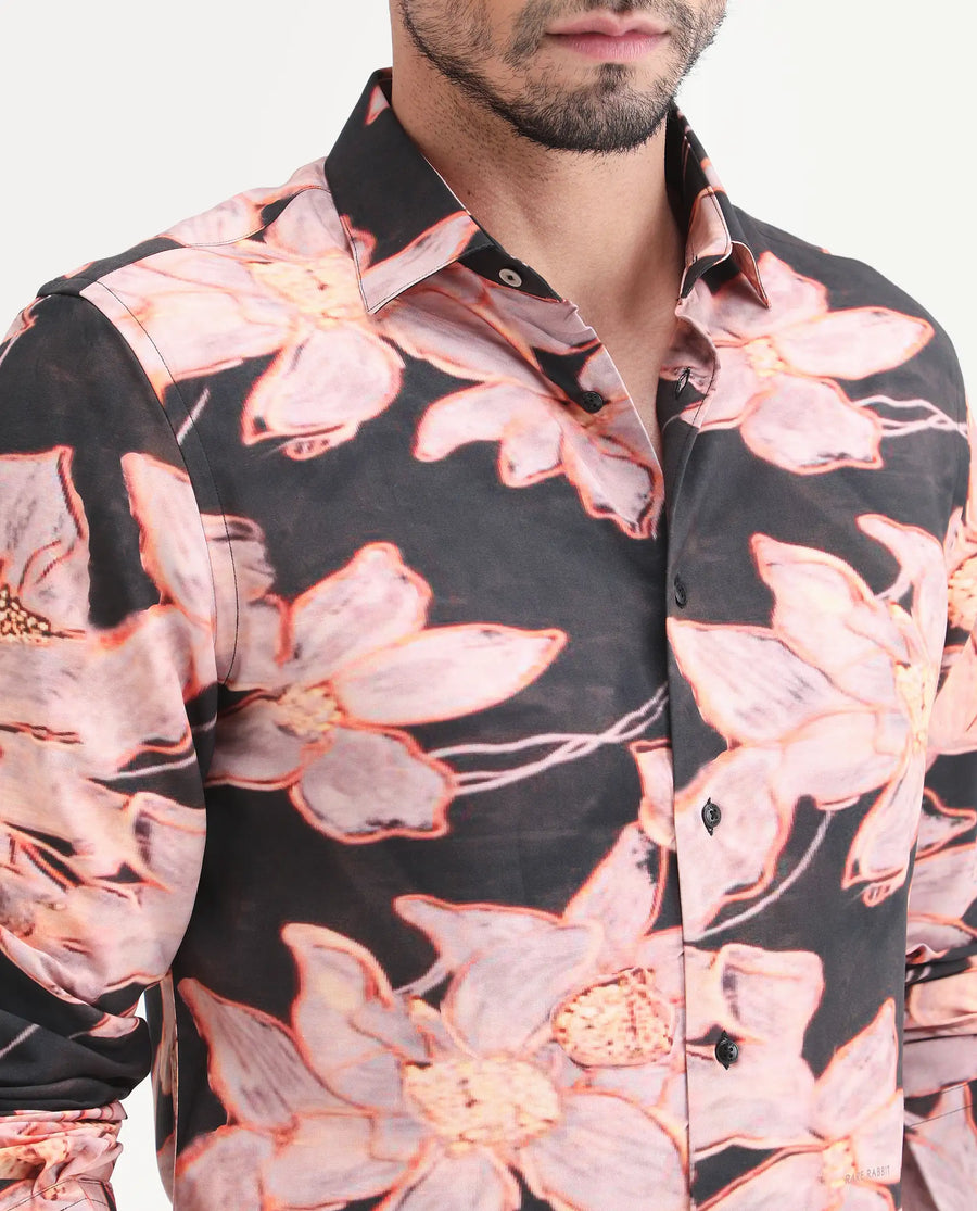 Rare Rabbit Men's Amra Black Viscose Fabric Full Sleeve Regular Fit Floral Print Shirt