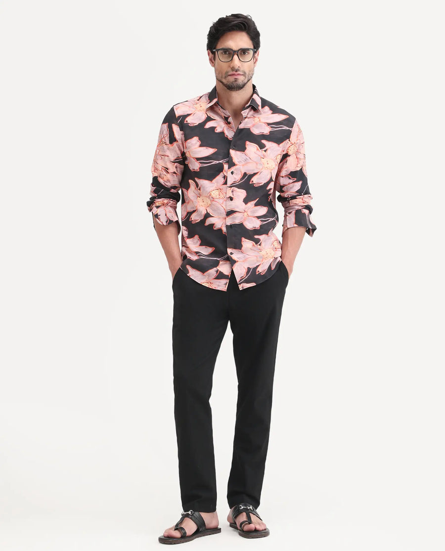 Rare Rabbit Men's Amra Black Viscose Fabric Full Sleeve Regular Fit Floral Print Shirt