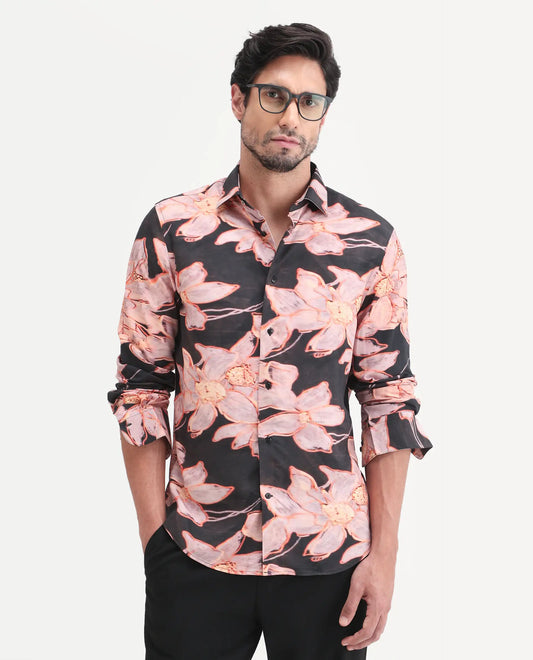Rare Rabbit Men's Amra Black Viscose Fabric Full Sleeve Regular Fit Floral Print Shirt