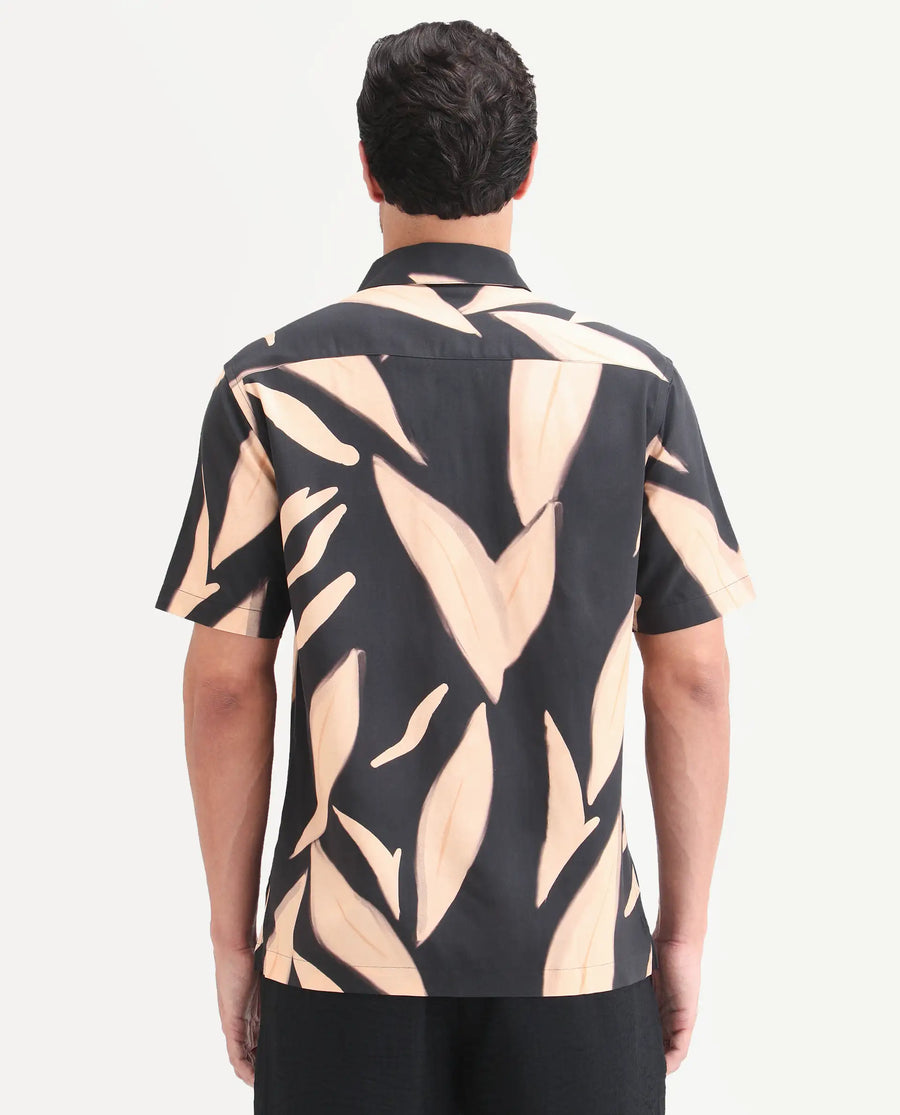 Rare Rabbit Men's Evan Black Viscose Fabric Half Sleeve Regular Fit Abstract Print Shirt