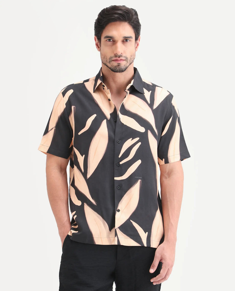 Rare Rabbit Men's Evan Black Viscose Fabric Half Sleeve Regular Fit Abstract Print Shirt