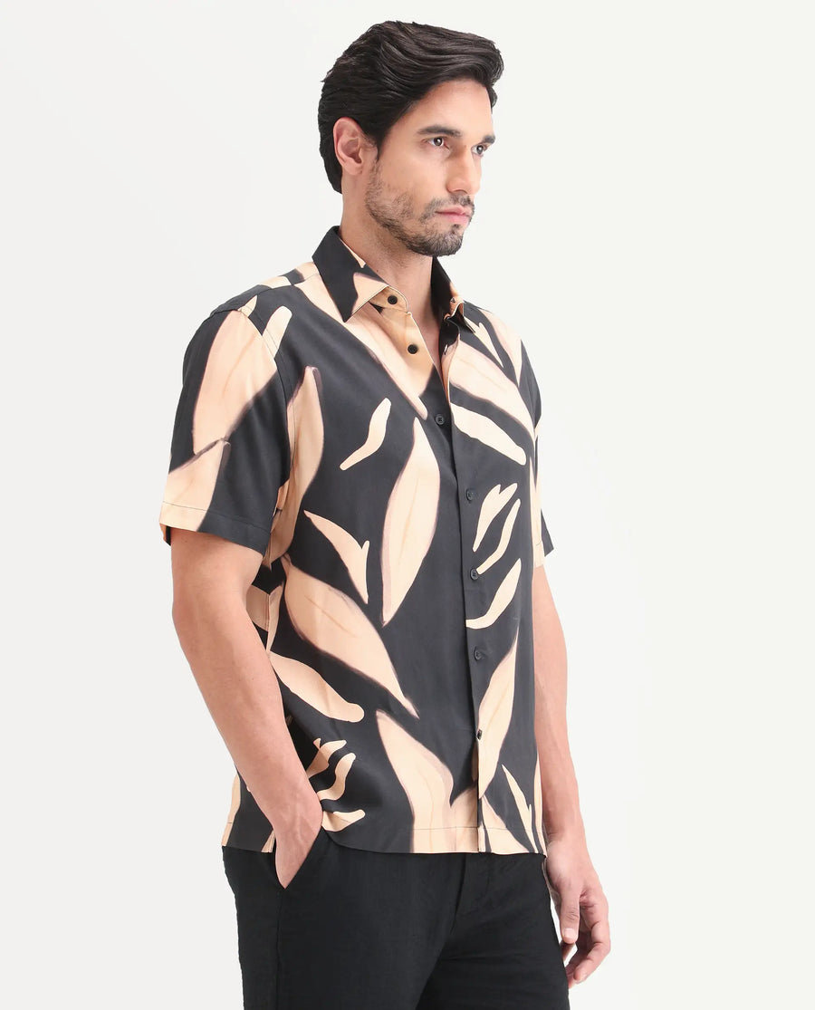 Rare Rabbit Men's Evan Black Viscose Fabric Half Sleeve Regular Fit Abstract Print Shirt
