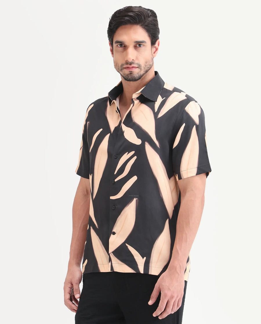 Rare Rabbit Men's Evan Black Viscose Fabric Half Sleeve Regular Fit Abstract Print Shirt