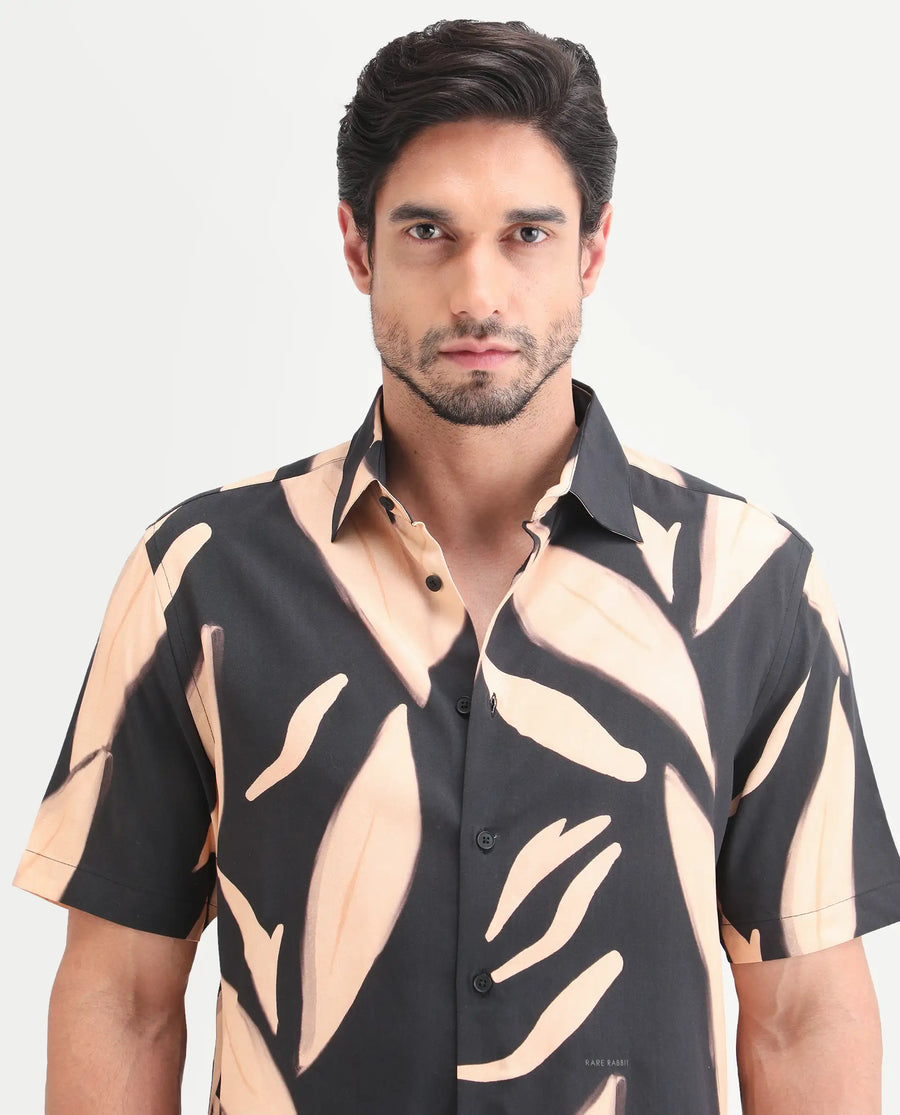 Rare Rabbit Men's Evan Black Viscose Fabric Half Sleeve Regular Fit Abstract Print Shirt