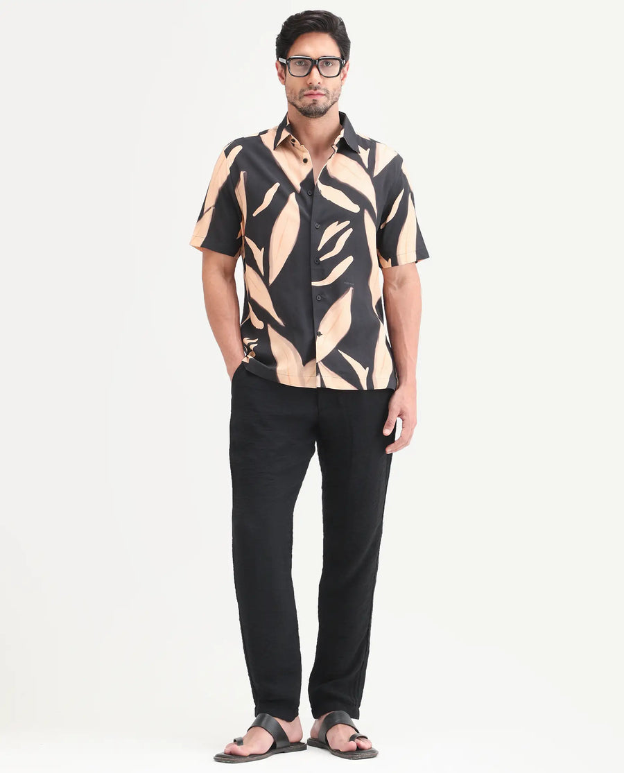 Rare Rabbit Men's Evan Black Viscose Fabric Half Sleeve Regular Fit Abstract Print Shirt
