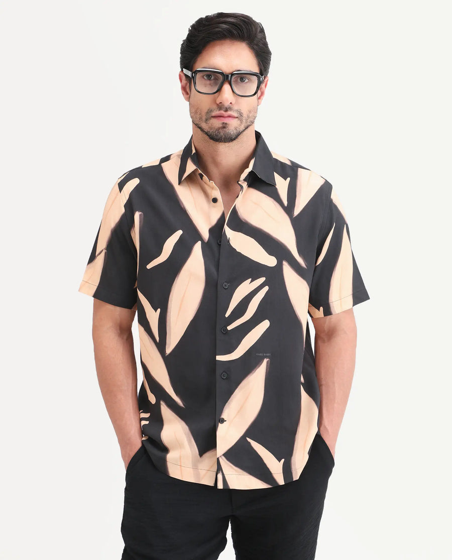 Rare Rabbit Men's Evan Black Viscose Fabric Half Sleeve Regular Fit Abstract Print Shirt