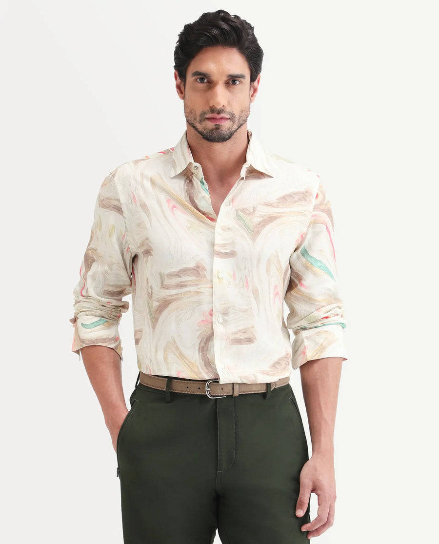 Rare Rabbit Men's Lurk Off White Viscose Fabric Full Sleeve Regular Fit Abstract Print  Shirt