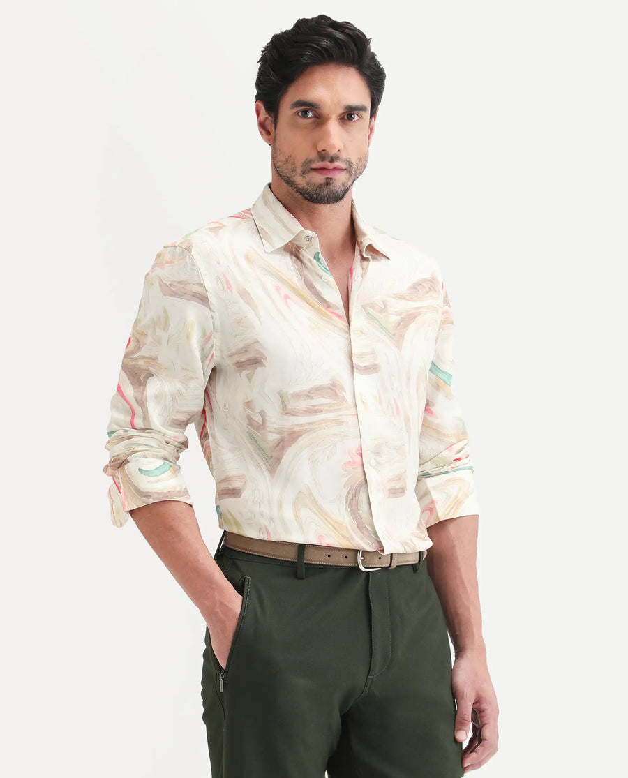Rare Rabbit Men's Lurk Off White Viscose Fabric Full Sleeve Regular Fit Abstract Print  Shirt