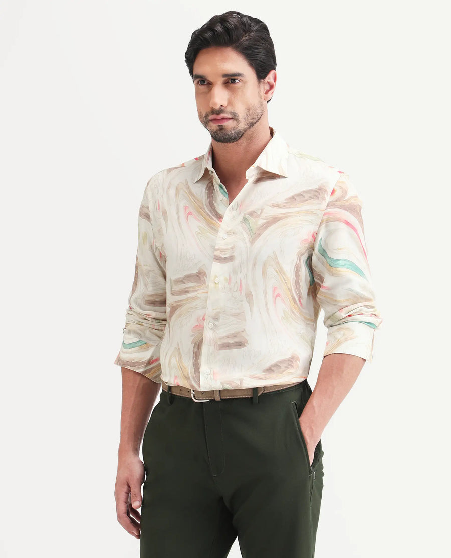 Rare Rabbit Men's Lurk Off White Viscose Fabric Full Sleeve Regular Fit Abstract Print  Shirt