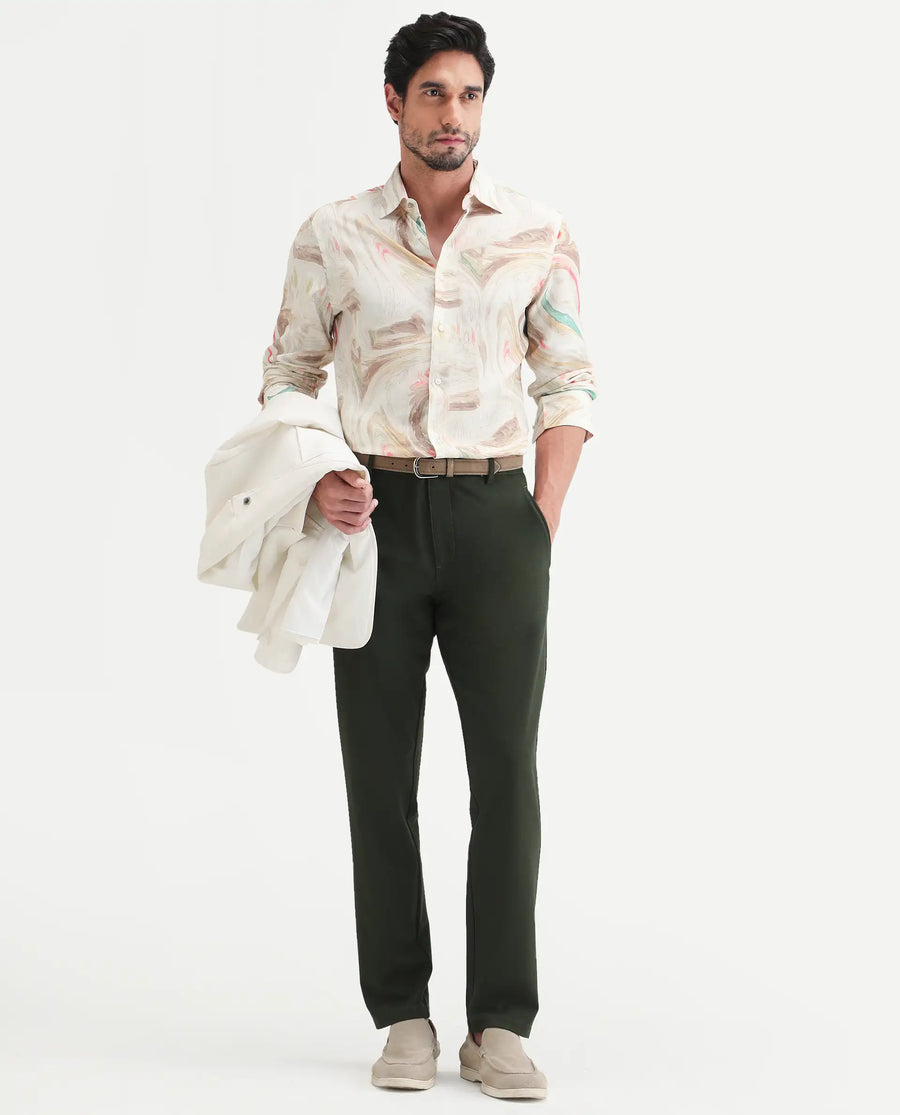 Rare Rabbit Men's Lurk Off White Viscose Fabric Full Sleeve Regular Fit Abstract Print  Shirt