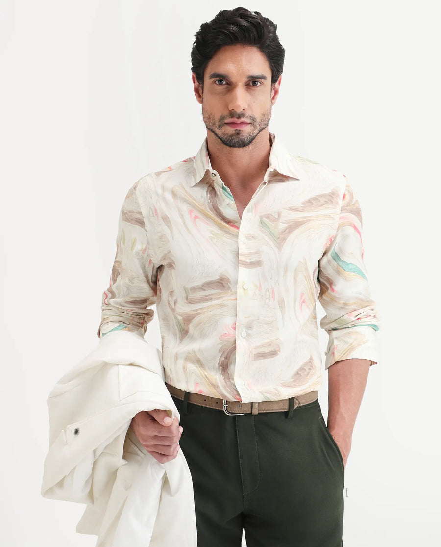 Rare Rabbit Men's Lurk Off White Viscose Fabric Full Sleeve Regular Fit Abstract Print  Shirt