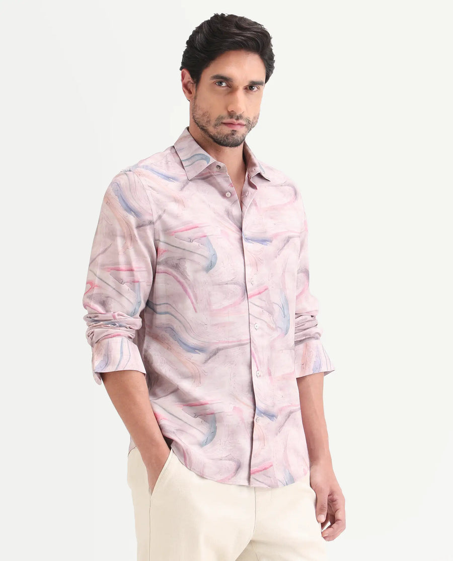 Rare Rabbit Men's Lurk Pink Viscose Fabric Full Sleeve Regular Fit Abstract Print  Shirt
