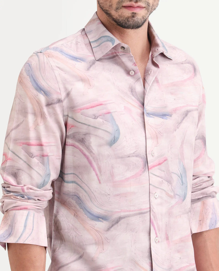 Rare Rabbit Men's Lurk Pink Viscose Fabric Full Sleeve Regular Fit Abstract Print  Shirt