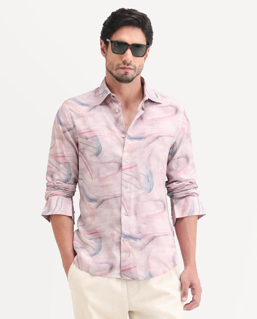 Rare Rabbit Men's Lurk Pink Viscose Fabric Full Sleeve Regular Fit Abstract Print  Shirt