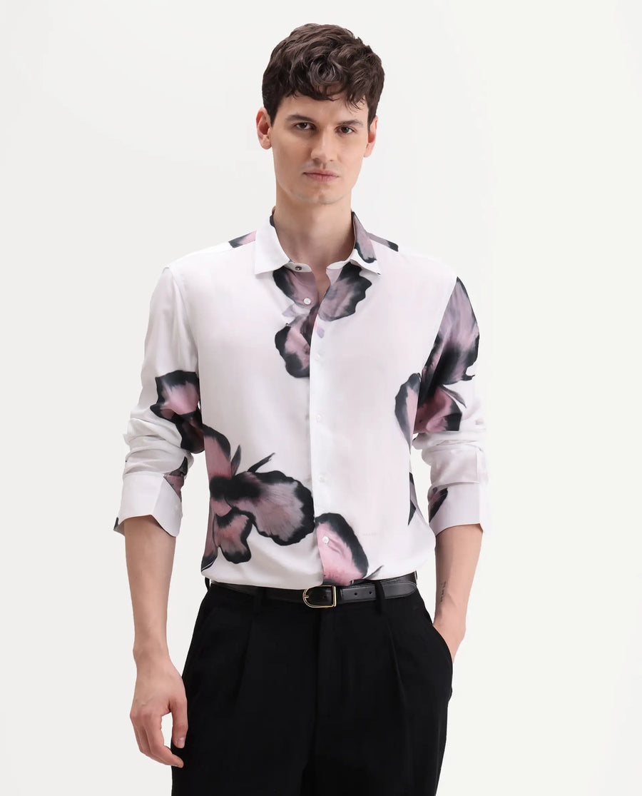 Rare Rabbit Men's Nalar White Viscose Fabric Full Sleeve Regular Fit Floral Print Shirt