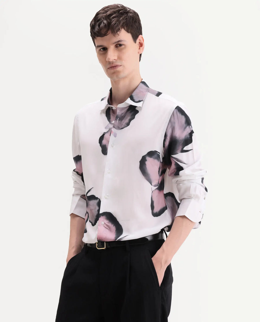 Rare Rabbit Men's Nalar White Viscose Fabric Full Sleeve Regular Fit Floral Print Shirt