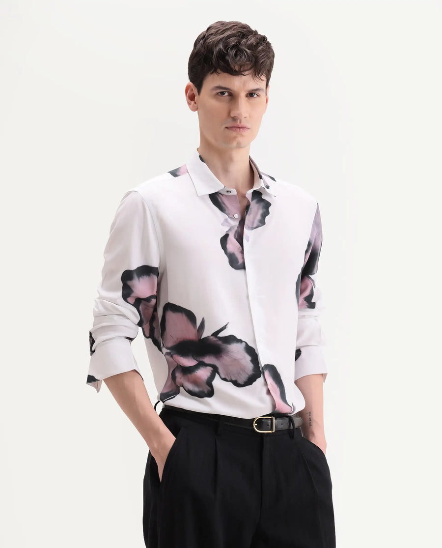 Rare Rabbit Men's Nalar White Viscose Fabric Full Sleeve Regular Fit Floral Print Shirt