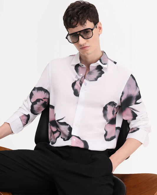 Rare Rabbit Men's Nalar White Viscose Fabric Full Sleeve Regular Fit Floral Print Shirt