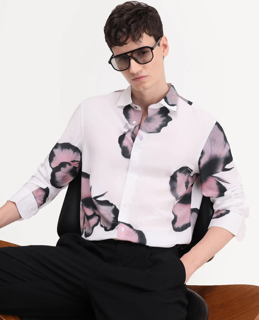 Rare Rabbit Men's Nalar White Viscose Fabric Full Sleeve Regular Fit Floral Print Shirt