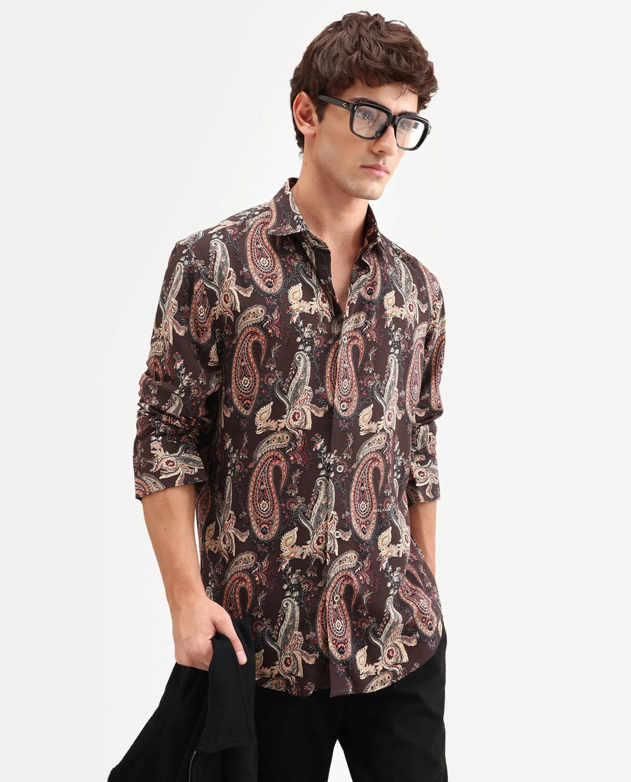 Rare Rabbit Men's Faye Dark Brown Viscose Fabric Full Sleeve Regular Fit Paisley Print Shirt
