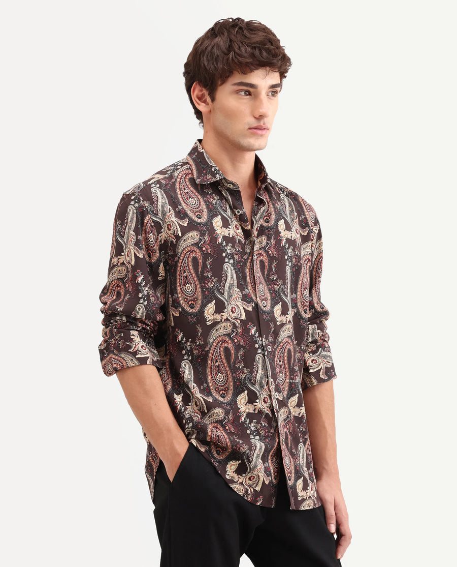 Rare Rabbit Men's Faye Dark Brown Viscose Fabric Full Sleeve Regular Fit Paisley Print Shirt