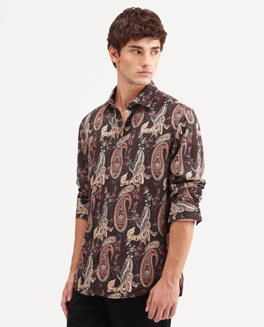 Rare Rabbit Men's Faye Dark Brown Viscose Fabric Full Sleeve Regular Fit Paisley Print Shirt